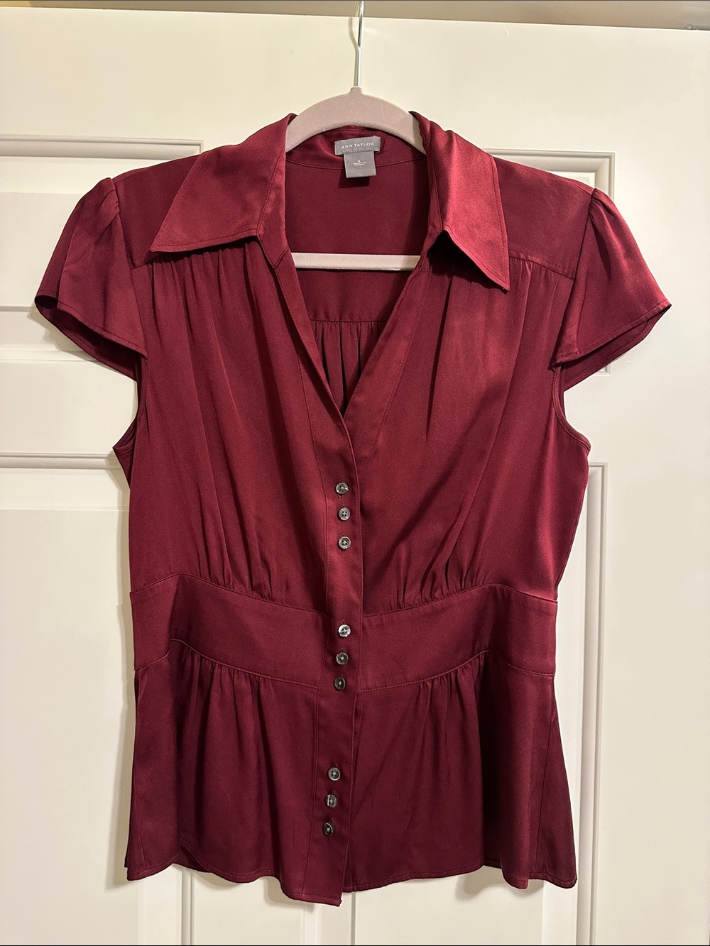 Anne Taylor Deep Burgundy Button-Front Satin blouse